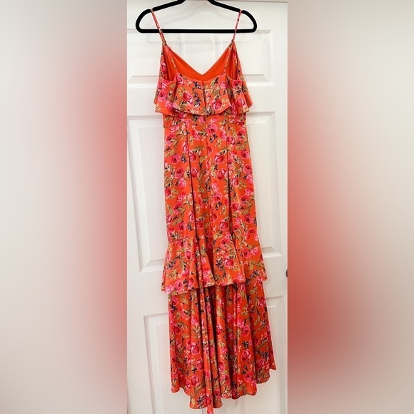 Keepsake the Label For Me Gown Tangerine Orange Floral Ruffle Trim Satin Dress - Picture 10 of 11